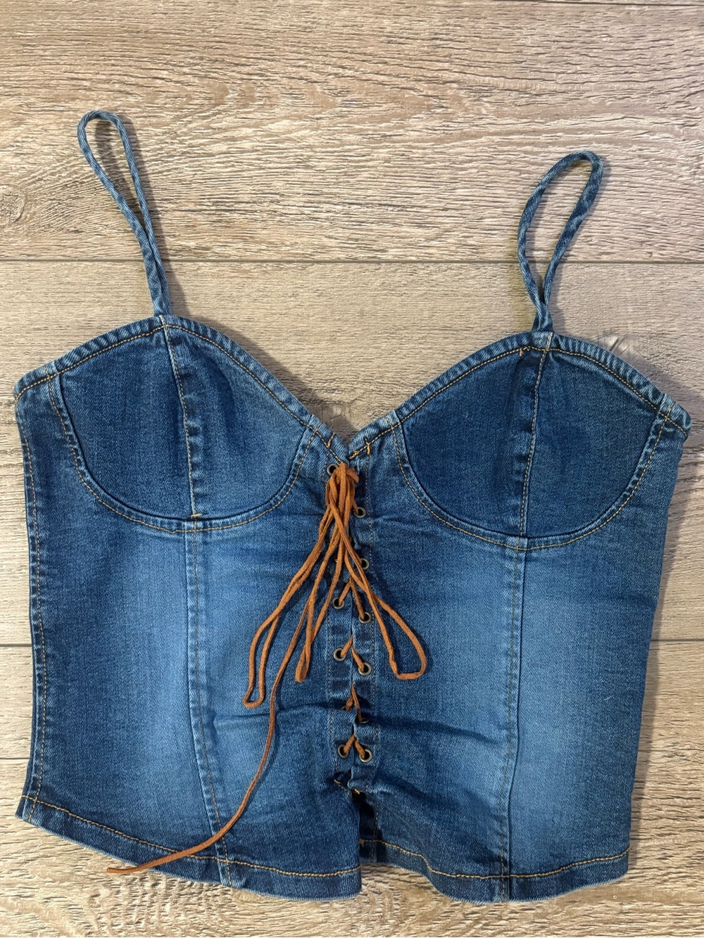 Vintage Y2K Forever 21 Denim Lace-Up Bustier Camisole Jean Top w Brown Lacing